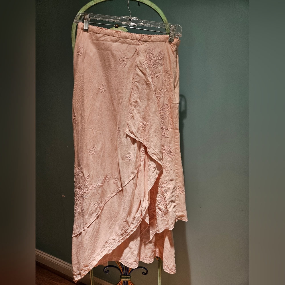 J. Jill Pink Linen Embroidered Eyelet Midi Skirt Handkerchief Hem Size Small